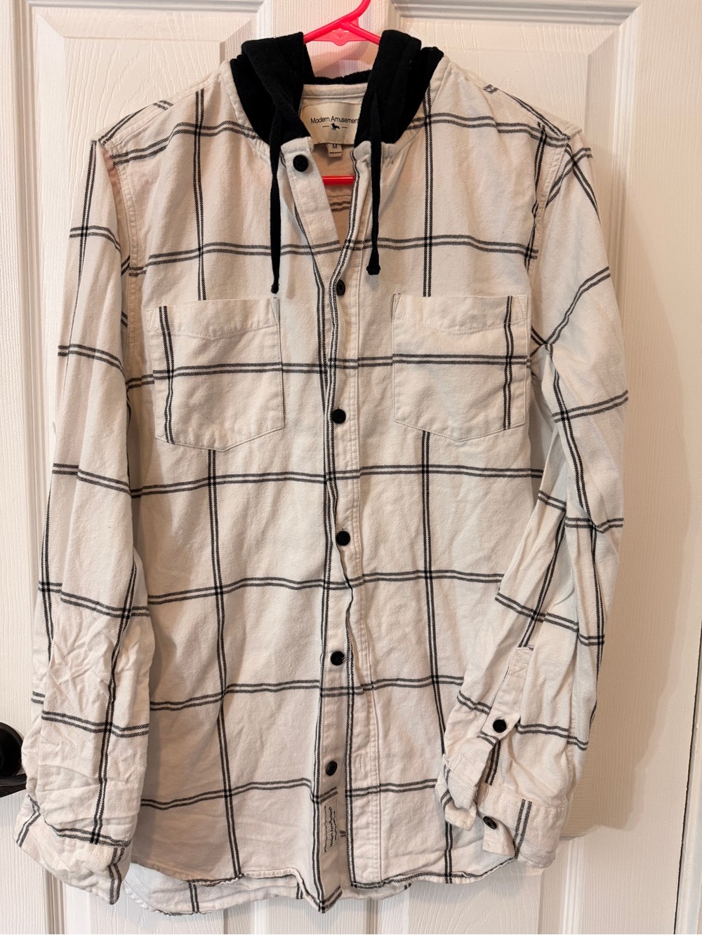 Modern Amusement White Windowpane Button-Down Shirt with Black Hood